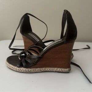 Vintage Bebe Brown Leather Lace Up Strappy Ankle Tie Wedge Espadrilles Sandal 6